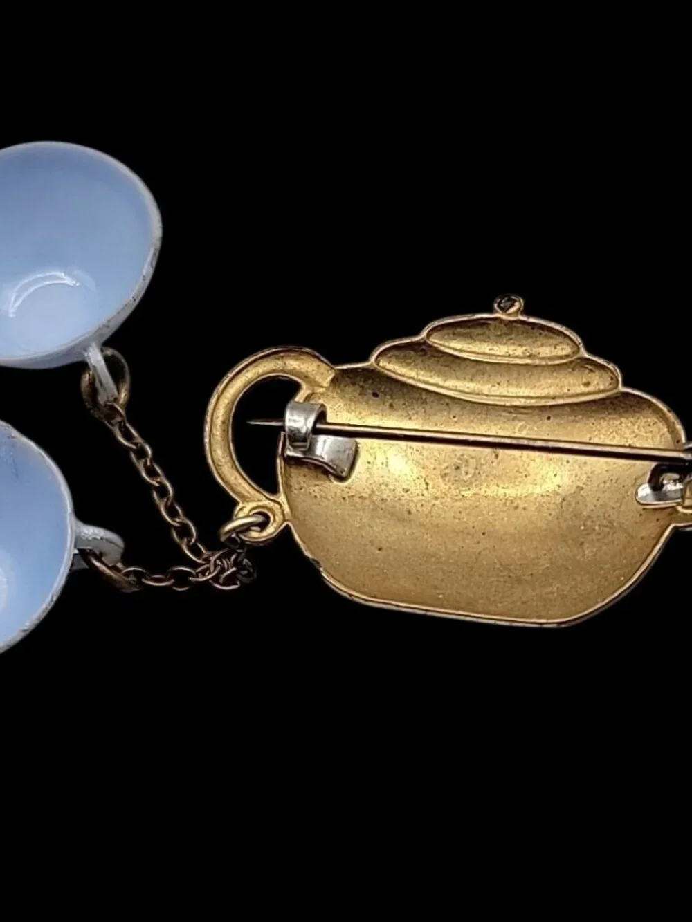 Antique T-4-2 Celluloid Brooch Teapot w/Dangling Teacups Blue Gold Tone C-Clasp